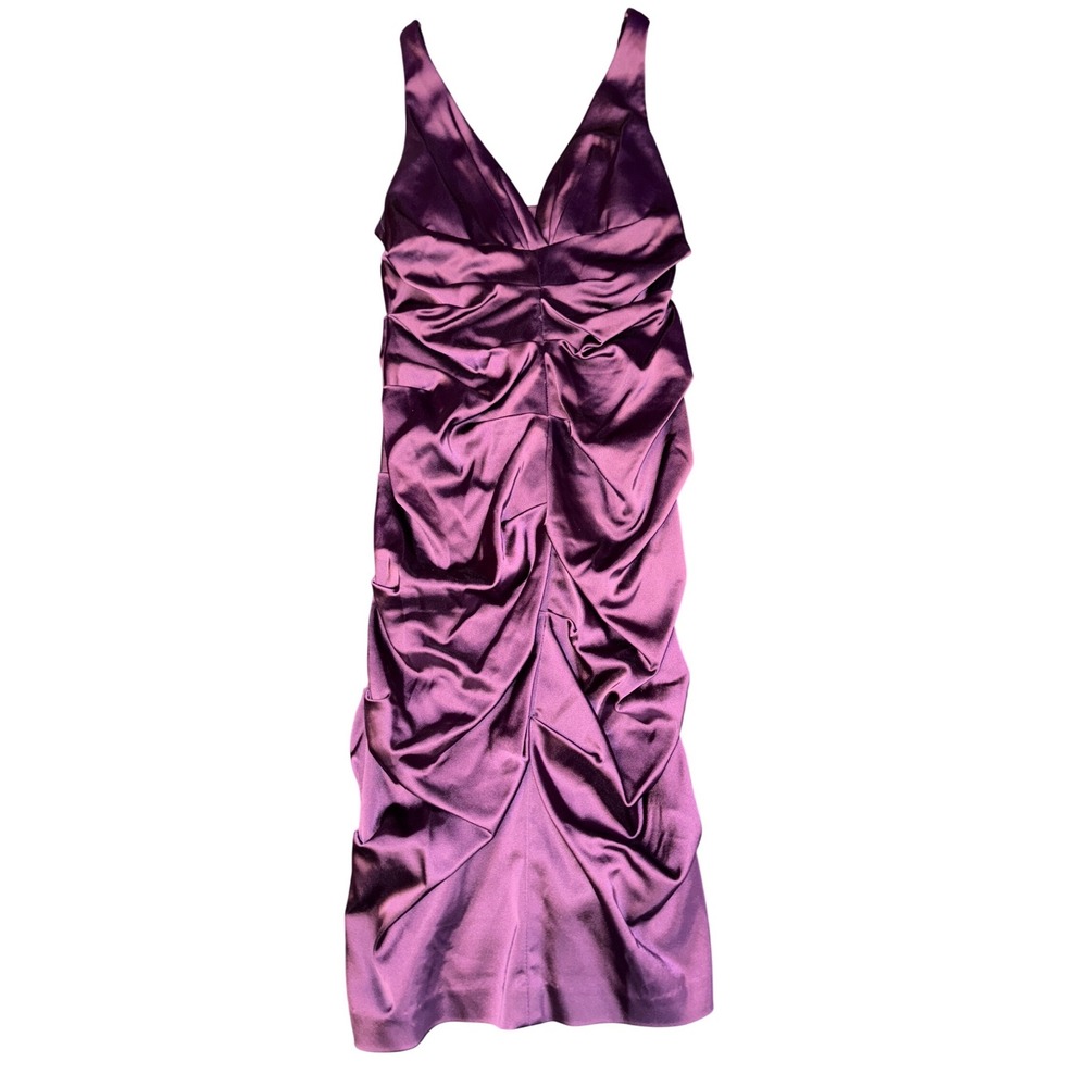 Xscape Purple Midi Satin Ruched Cocktail Dress Sleeveless V Neck, Size 10